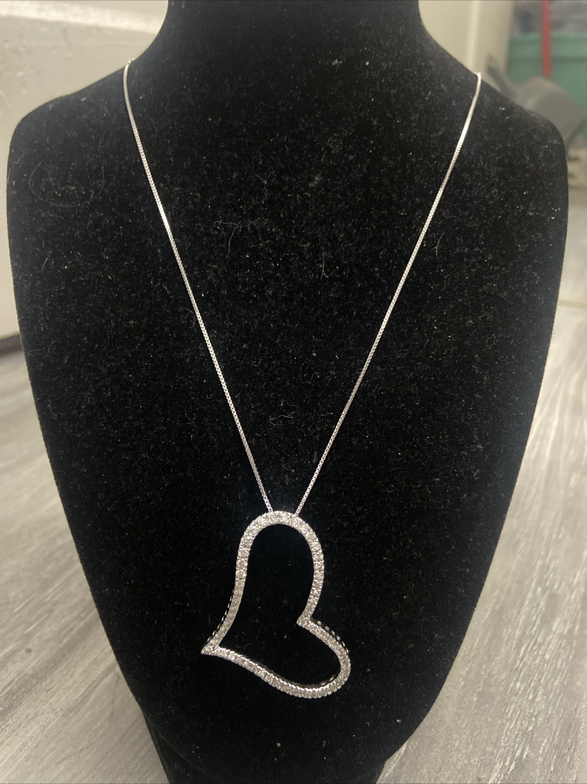 New X-Large 925 Sterling Silver Slanted Heart CZ Charm Necklace Box Chain 18”
