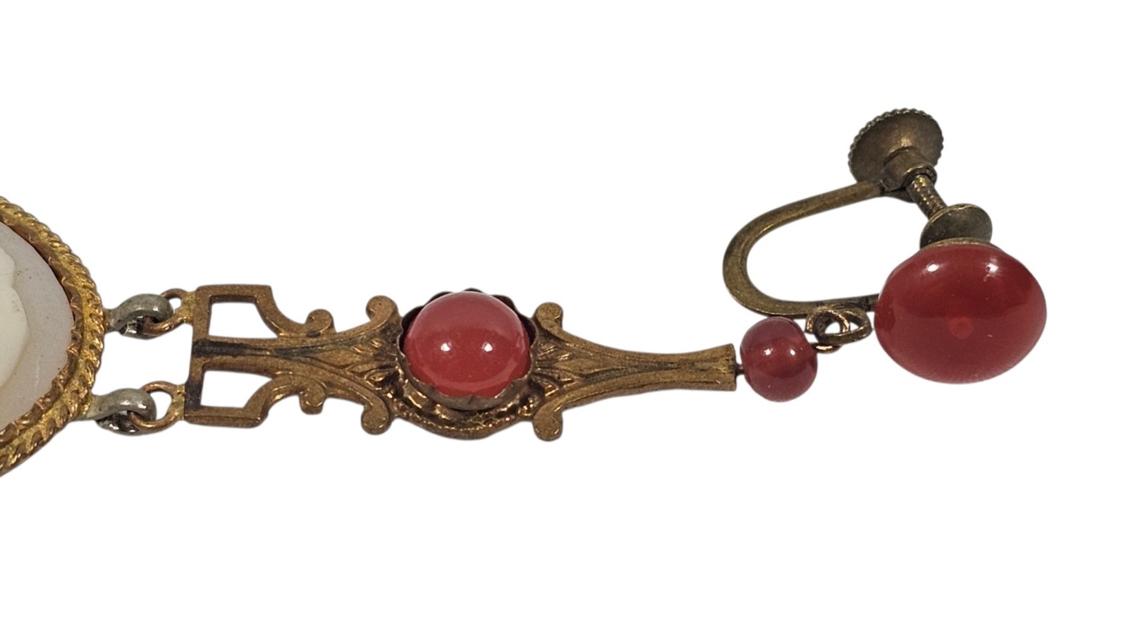 Antique Art Nouveau Single Dangle Earring Red Stones w/ Carved Cameo
