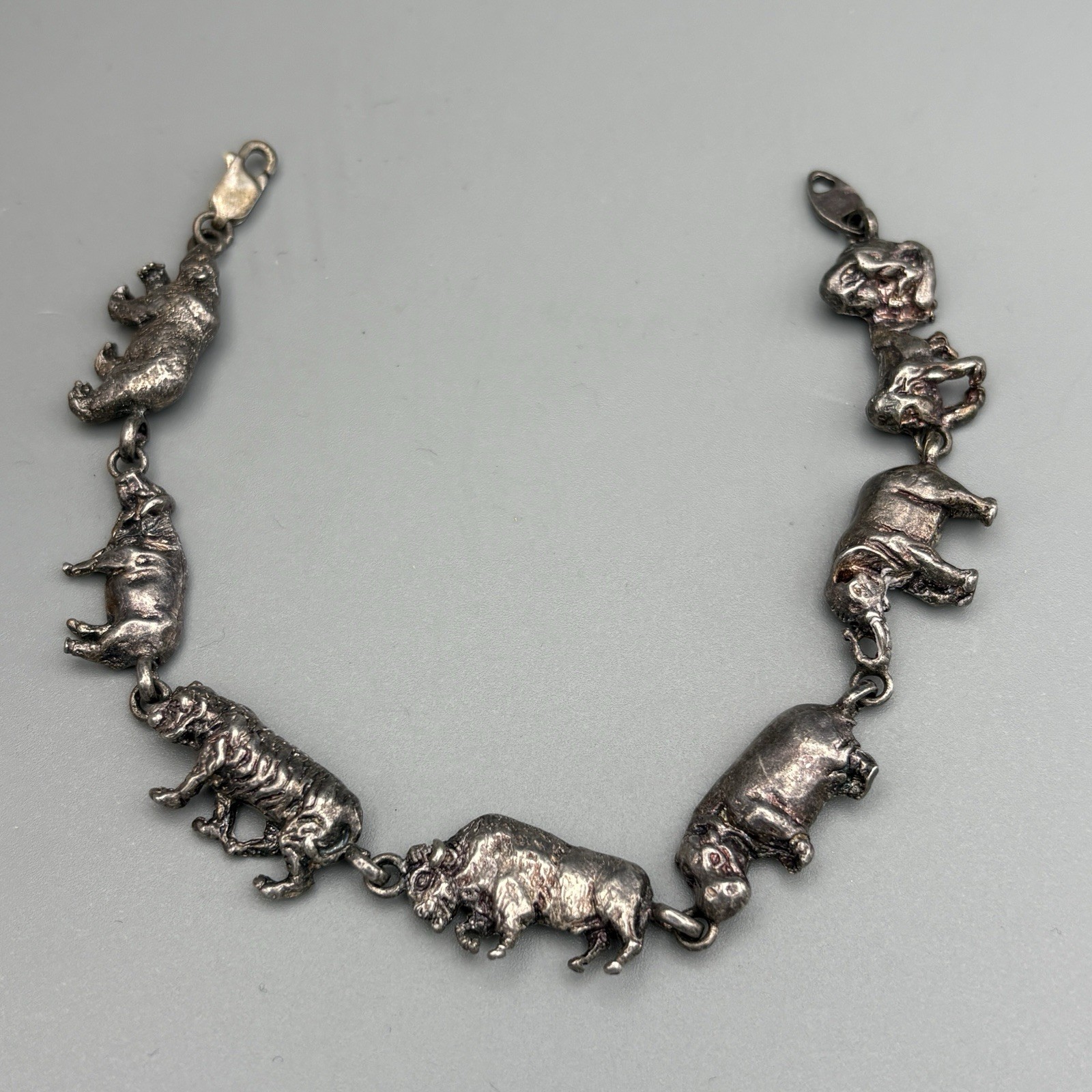 Vintage Sterling Silver African Animal Link Bracelet 8″ Dimensional 22.04g 925