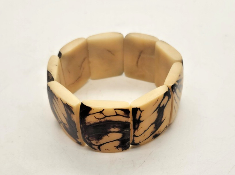 Vintage African Handcrafted Stretch Bracelet Cream & Black Resin/Bone Tribal