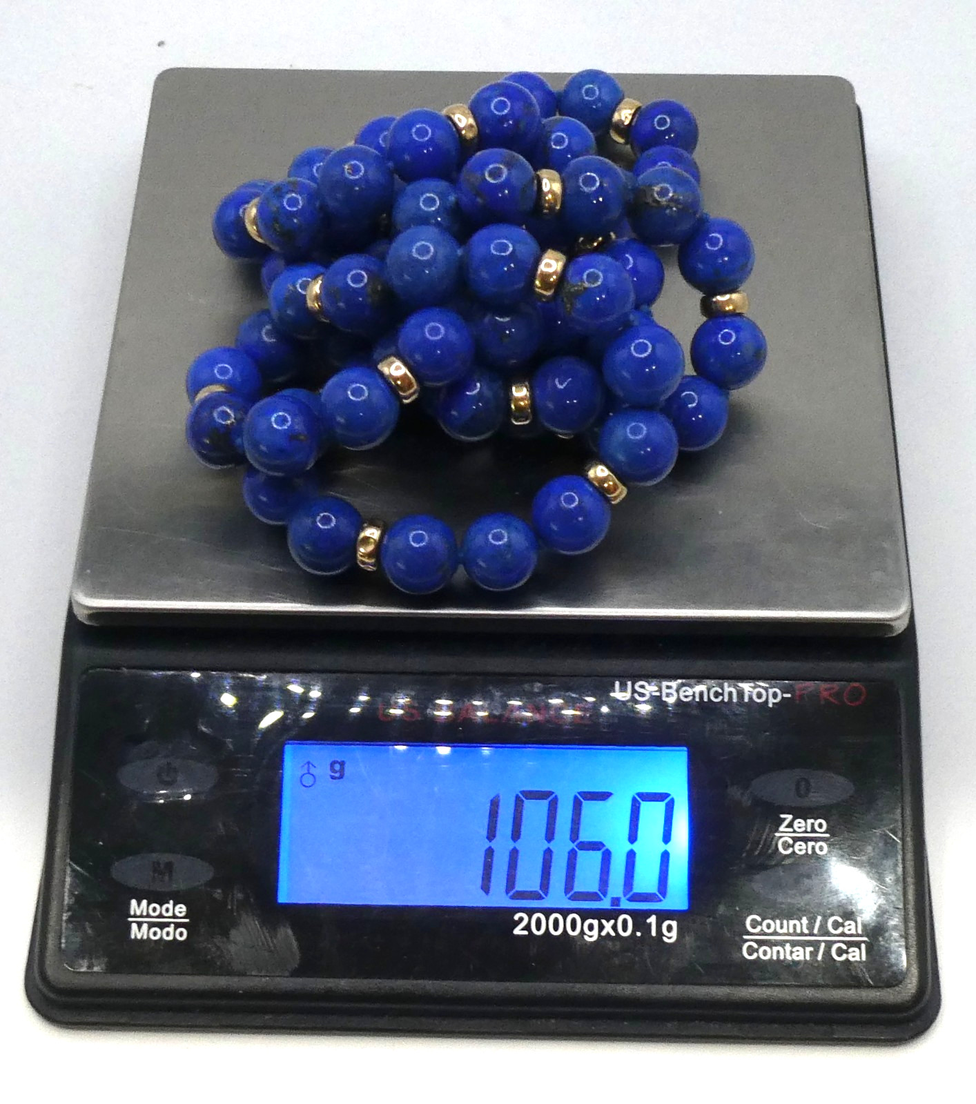 14K Gold 10mm Lapis Lazuli Beaded Necklace 106g – 32”l Opera 14K Rondelle Spacer