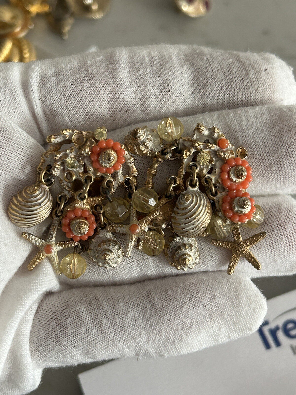 Vintage ART Arthur Pepper Clip Earrings Dangle Shells Beach AB Crystals REaD