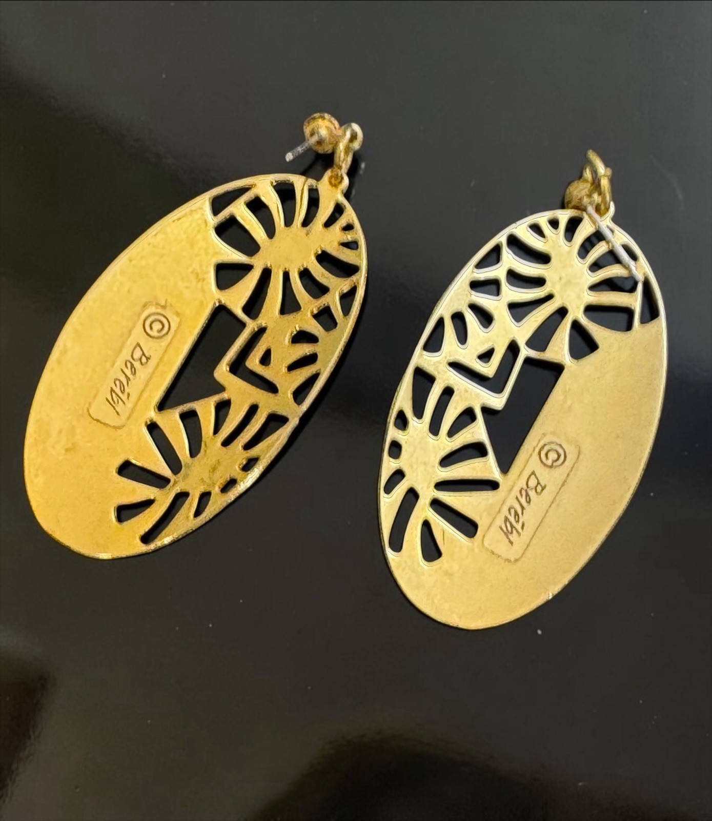 Vintage Signed Edgar Berebi Red Enamel Over Gold Tone Cut Out Dangle Earrings