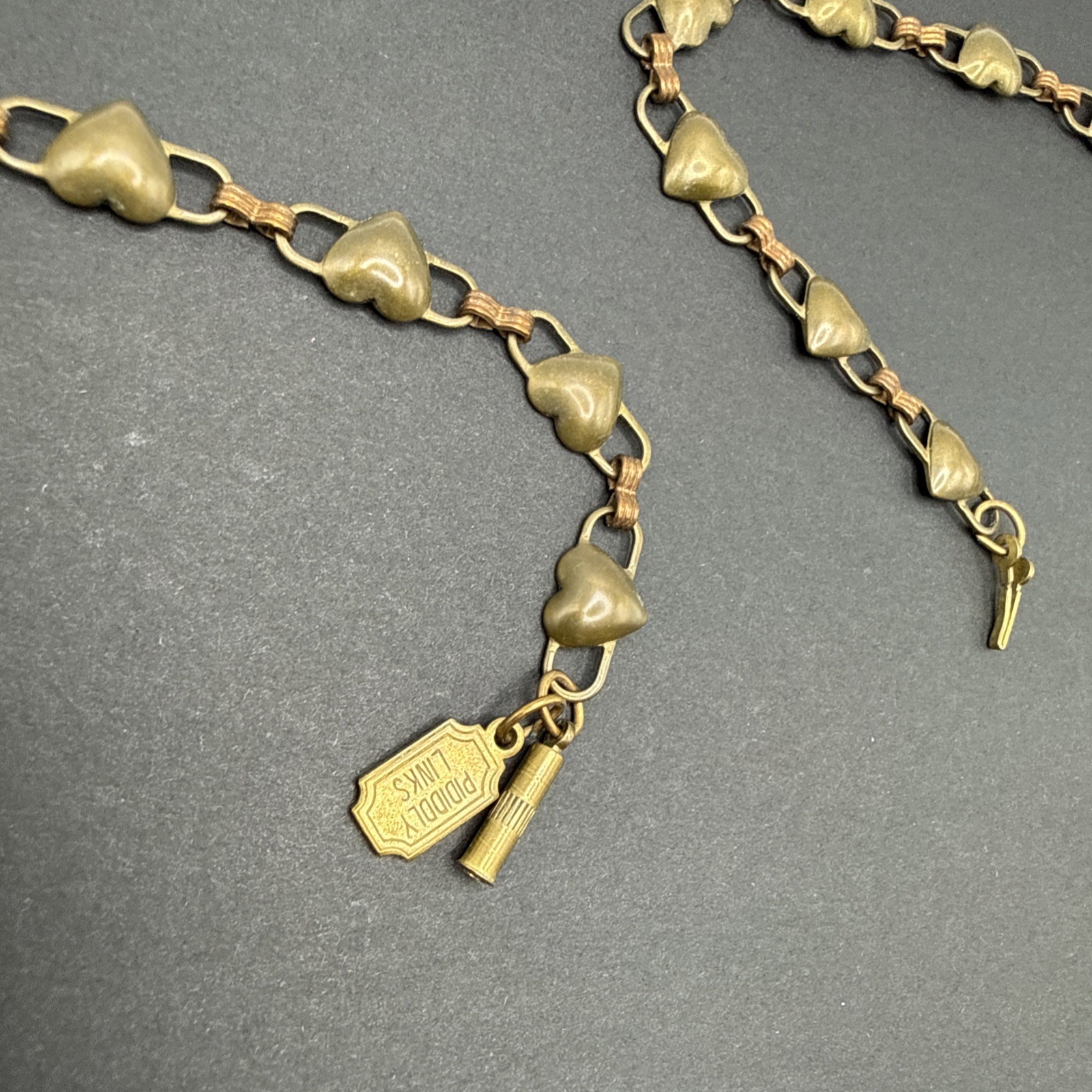 Pididdley Links Signed Loaded Heart Charm Necklace Gold Tone 24” C81