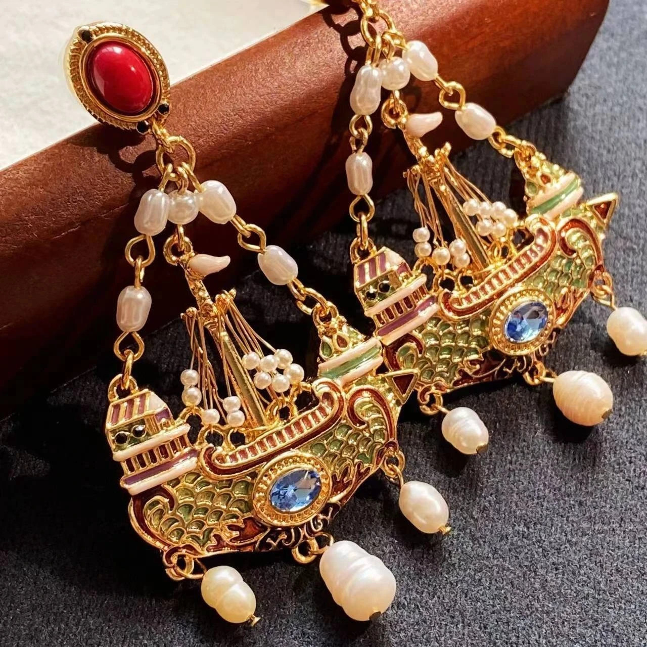 Genuine Vintage Pearl Sailboat Dangle Earrings French Court Gold Enamel Luxury