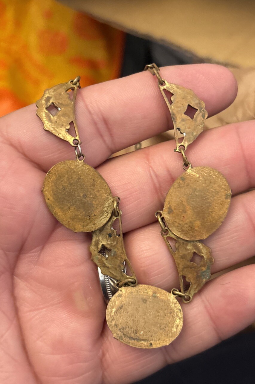 Vintage Czech Brass Gold Tone Carnelian? Cabochon Necklace Enamel