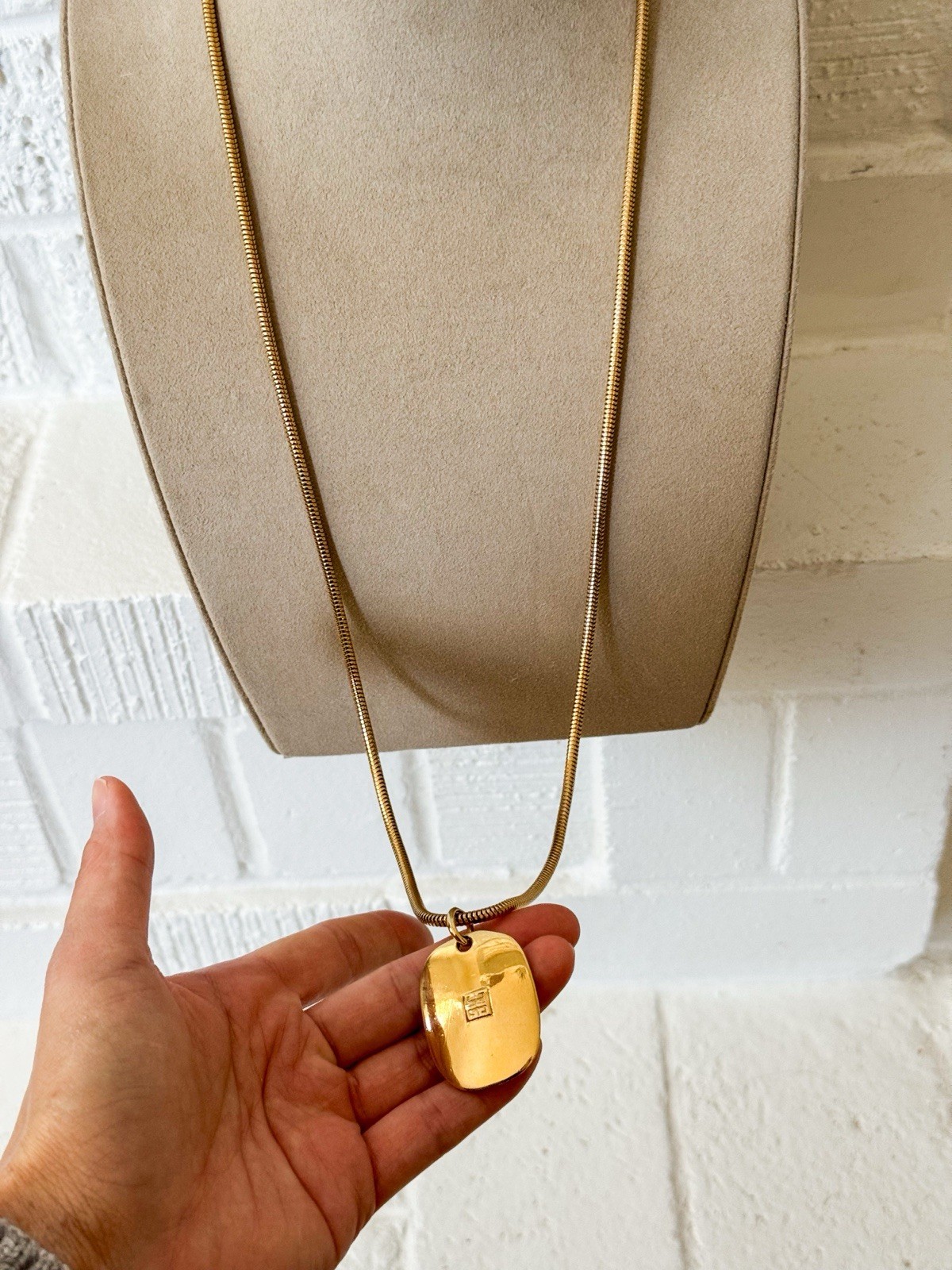 Vintage Givenchy Ave George V Paris Gold Tone Square Logo Pendant Necklace