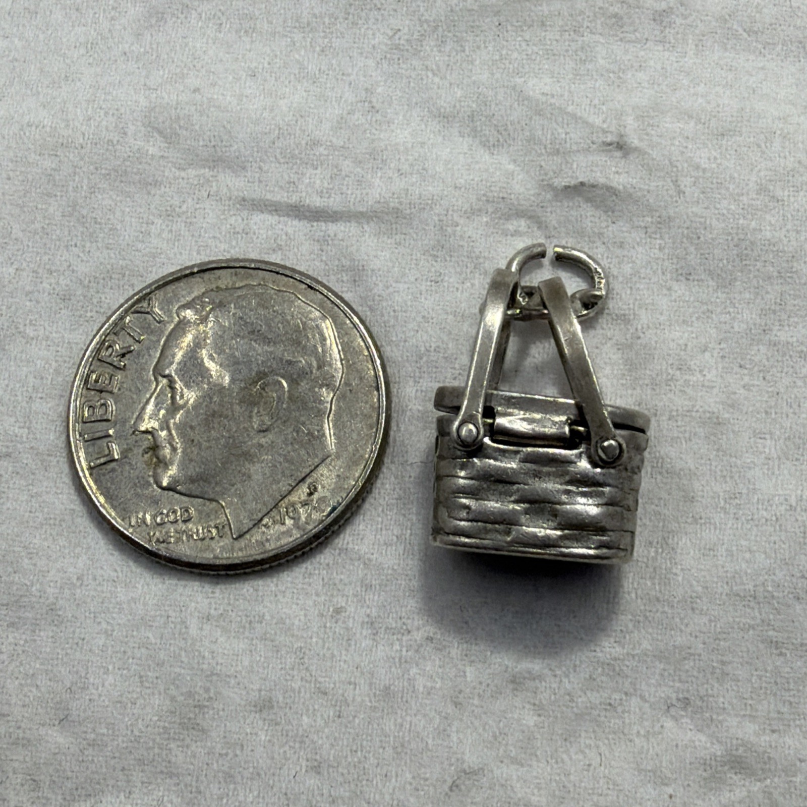 Antique 50’s Wells Sterling Silver 925 Rare Picnic Basket Charm Double Handle