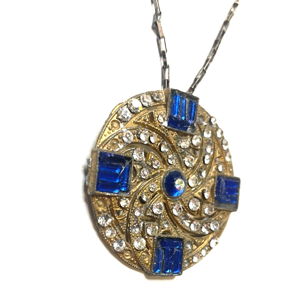 925 Sterling Silver Antique Art Deco Blue & White Rhinestone Necklace 14″