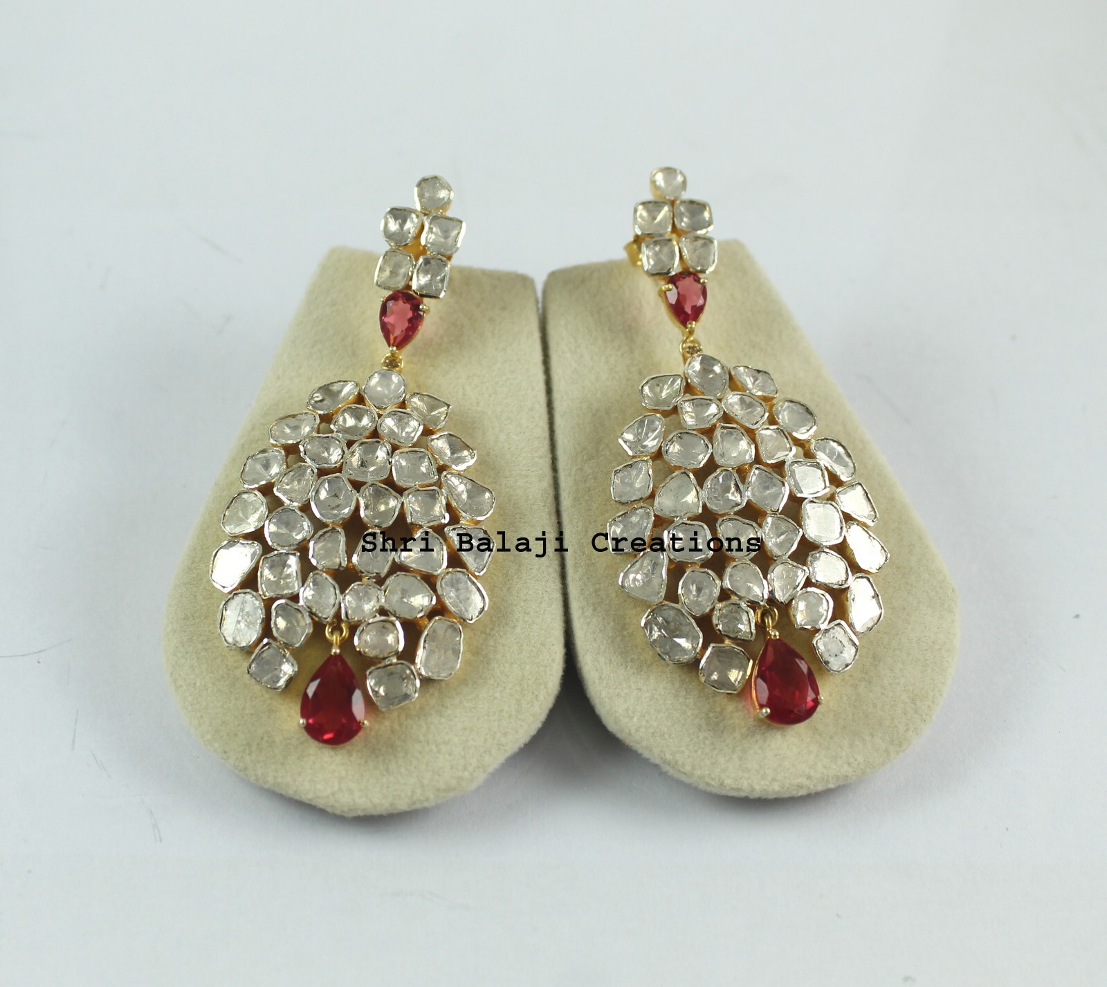 Earring Natural Uncut Diamond Polki Red Quartz 925 Sterling Silver Earring