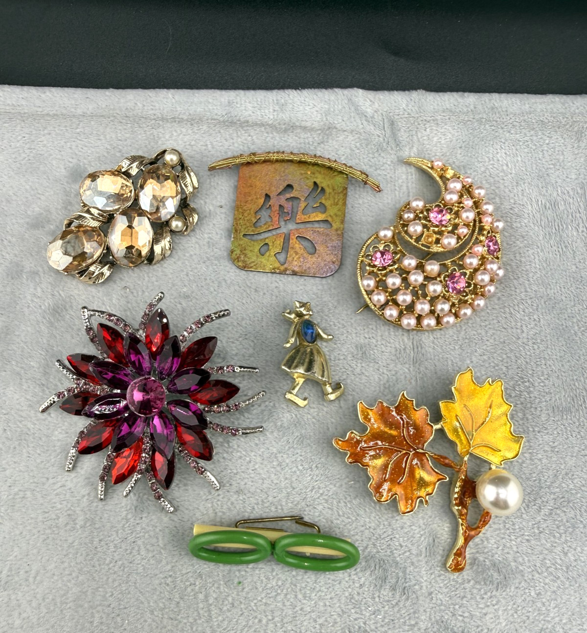 Vintage Brooch Lot Maple Leaf Dancer Figure Enamel Rhinestone Faux Pearl READ