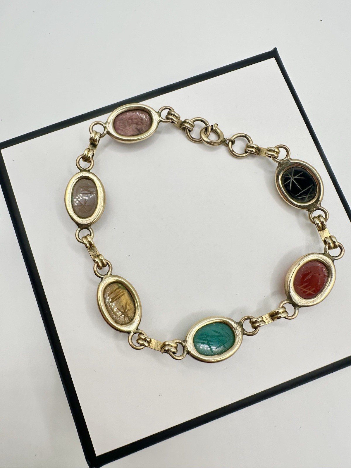 VTG 12k Gold Filled Multi Gemstone Scarab Bracelet 8in 12g Signed Estate Read