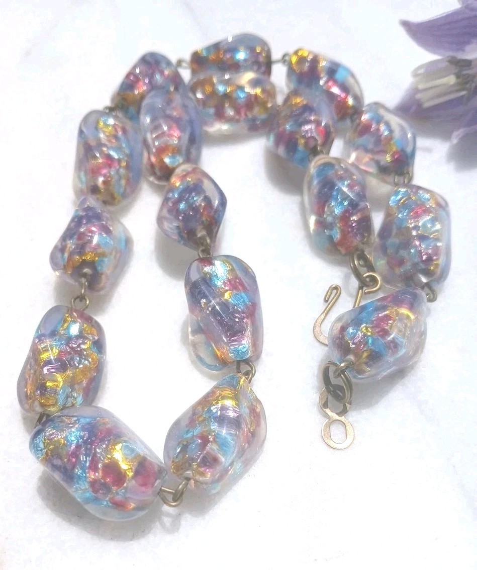 HUGE ANTIQUE JAPAN OPAL CONFETTI GOLD SILVER FOIL ART GLASS NECKLACE SET OOAK