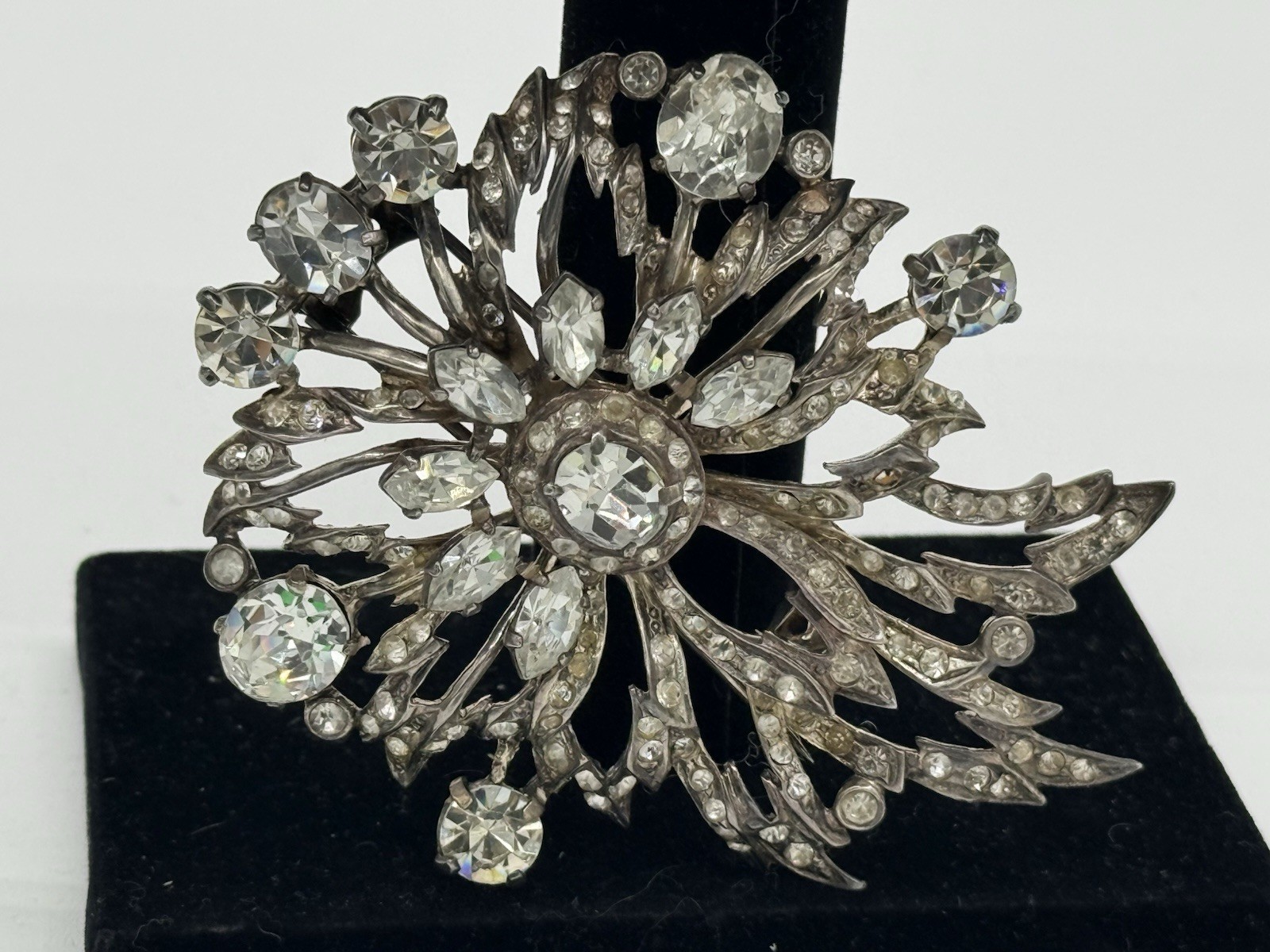 GIGANTIC 1940 Original Vintage EISENBERG Sterling silver RHINESTONE Fur Clip PIN