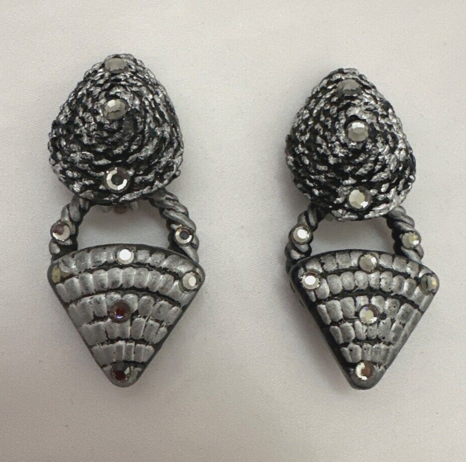 Vintage Jeff Lieb Clip Earrings Black/Silver/ Rhinestone One Of A Kind Handmade