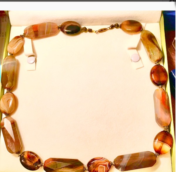 Antique Scottish Banded Agate Necklace Natural Stone Victorian Vtg Antique 22”