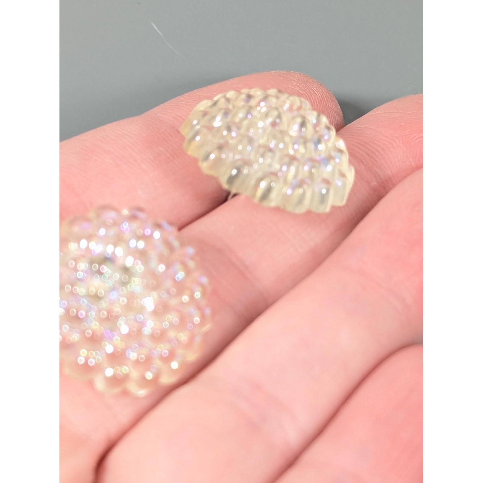 Vintage Lucite Dome Earrings Iridescent Sparkle Pierced Unsigned