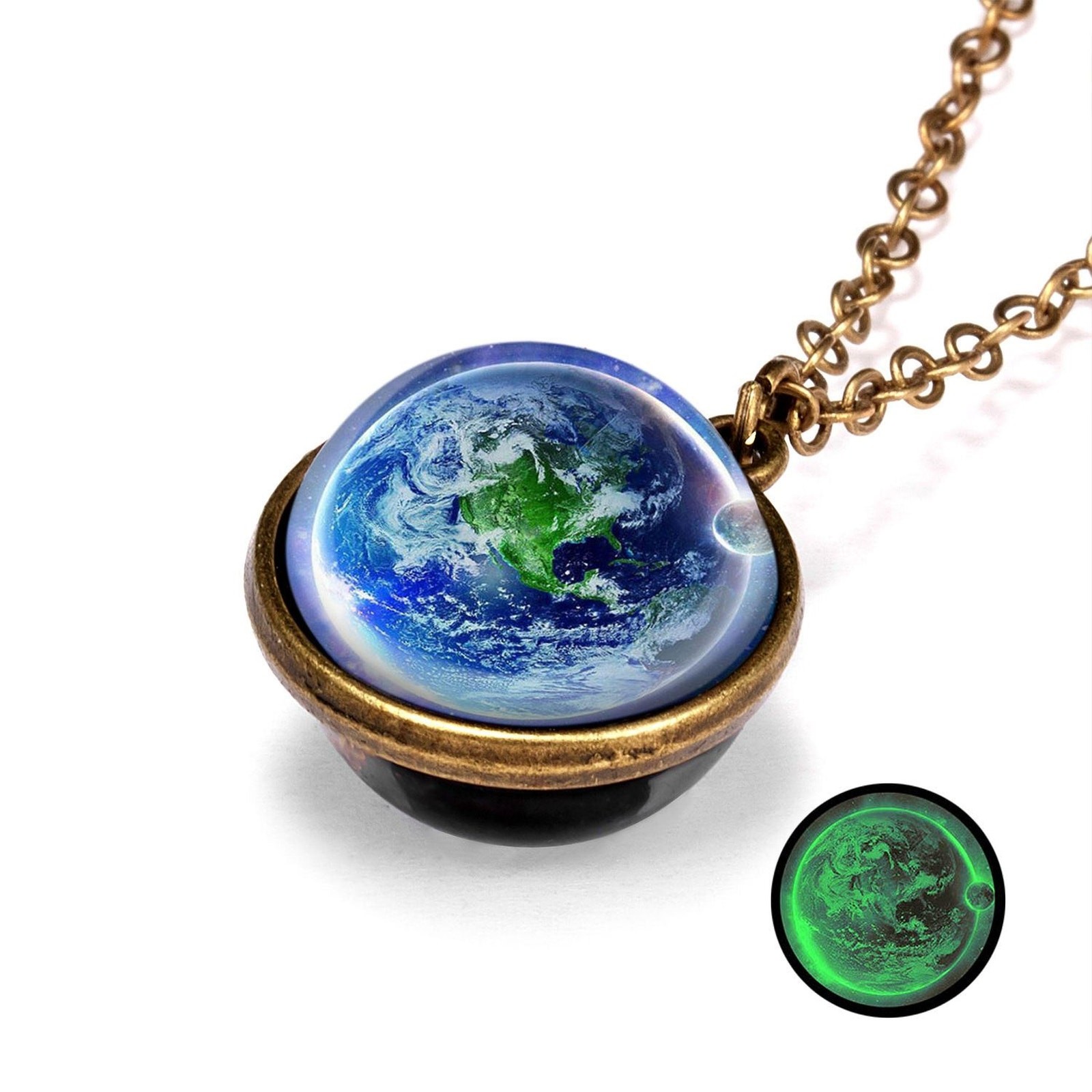 Double-Sided Galaxy Necklace – Glass Dome Pendant with Vintage Chain