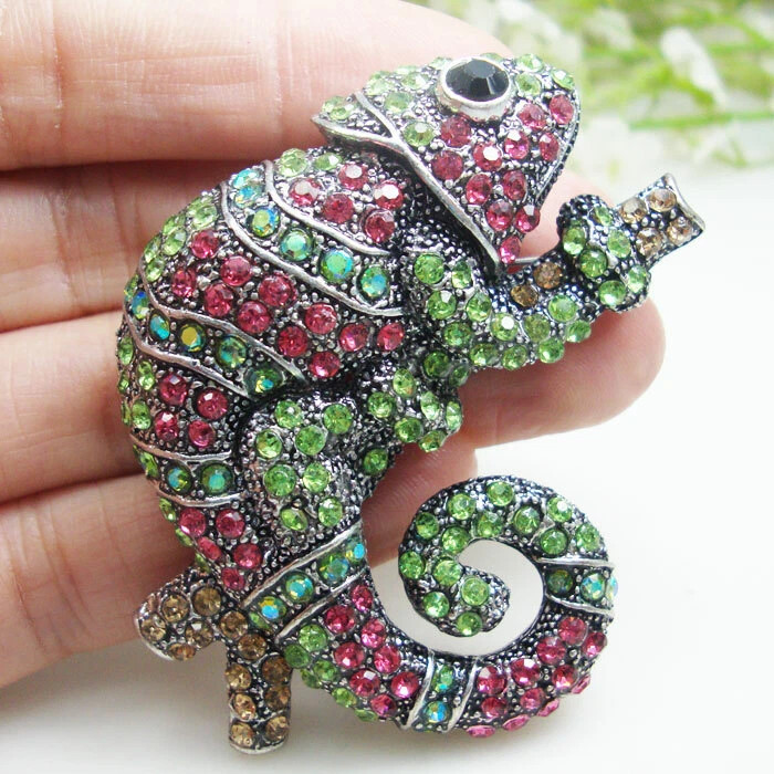 Crystal Vintage Animal Chameleon Pendant Brooch Pin Multi-color Crystal!