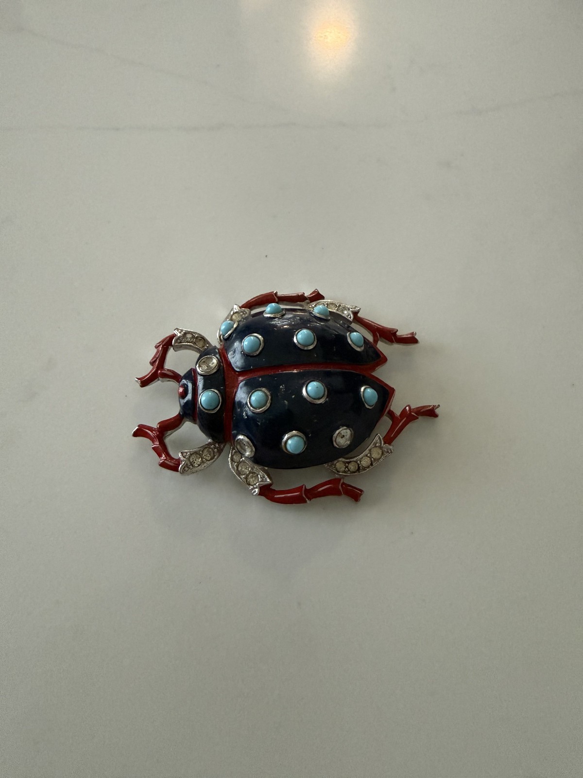Trifari ‘Alfred Philippe’ Pave Navy Enamel/Turquoise Cabochons Ladybug Pin Clip