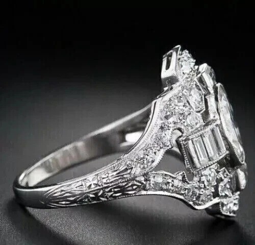 Art Deco Vintage Style 3Ct Lab Created Diamond Engagement 14K White Gold FN Ring