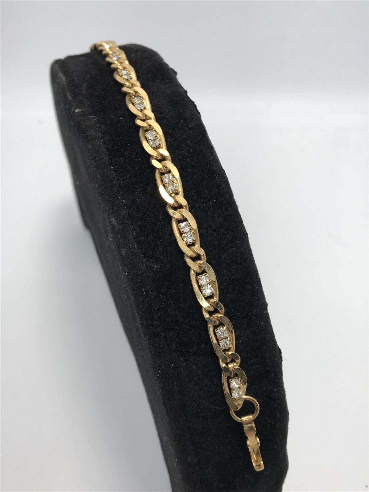 Vintage Delicate Gold Tone Chain & Crystal Accented Tennis Bracelet sz 6.75″