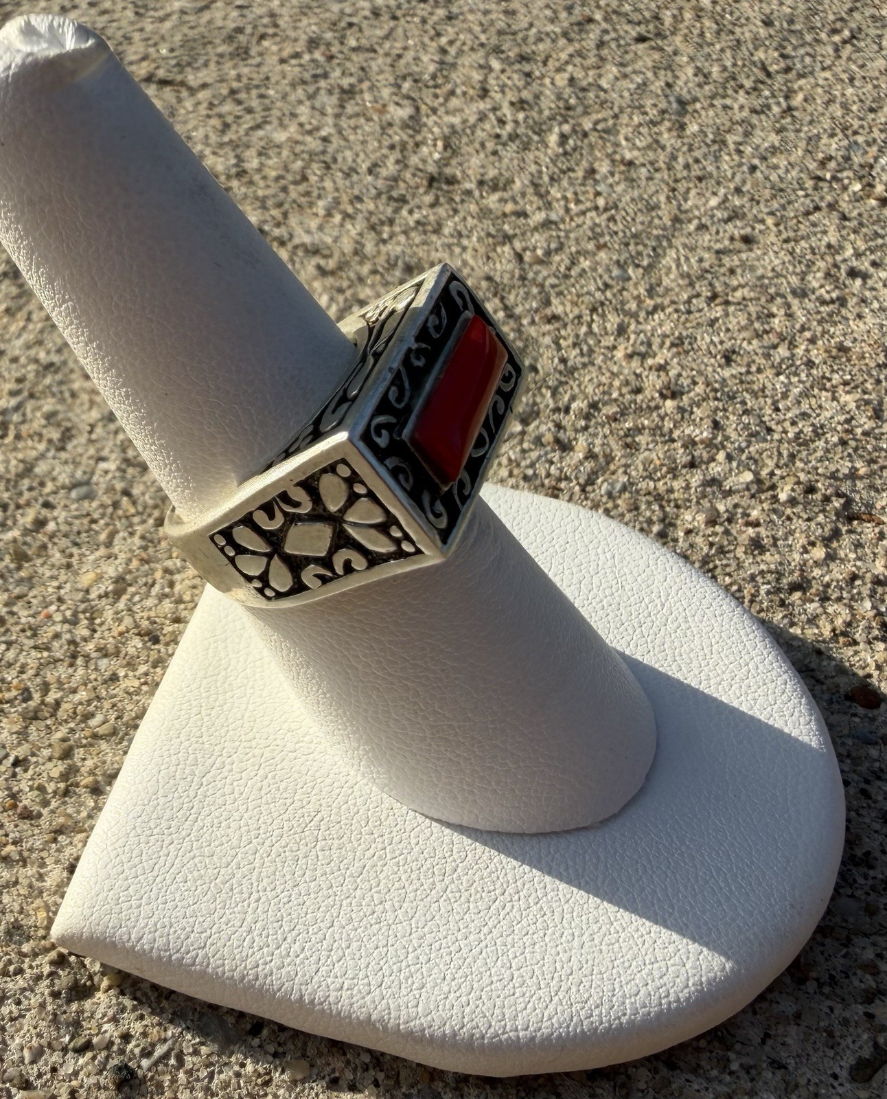 Sterling Silver Red Coral Rectangular Ring Sz 7.25