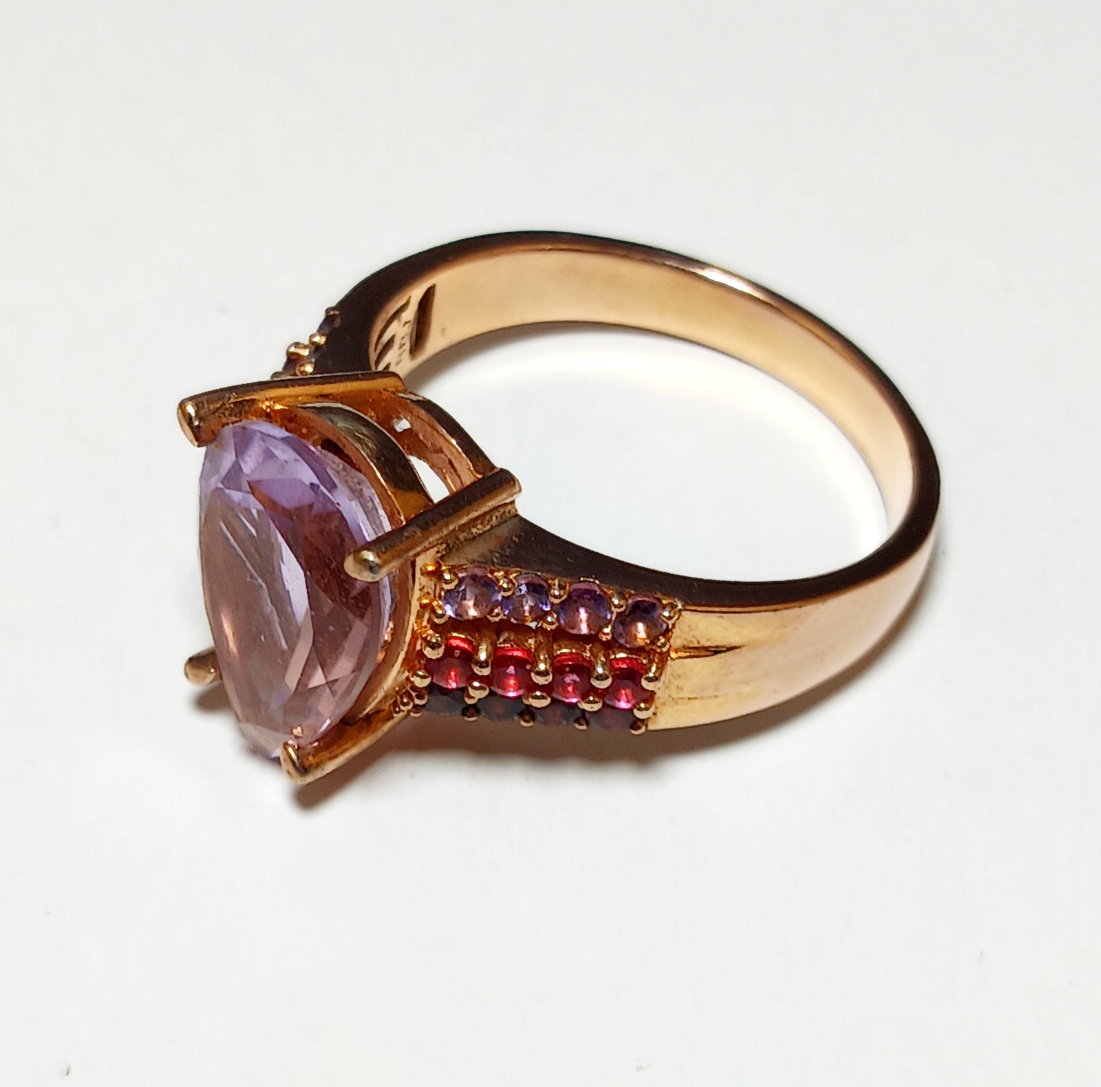 BBJ 925 Sterling Silver Teardrop Rose Gold Overlay Amethyst Ruby Ring Size 11.5
