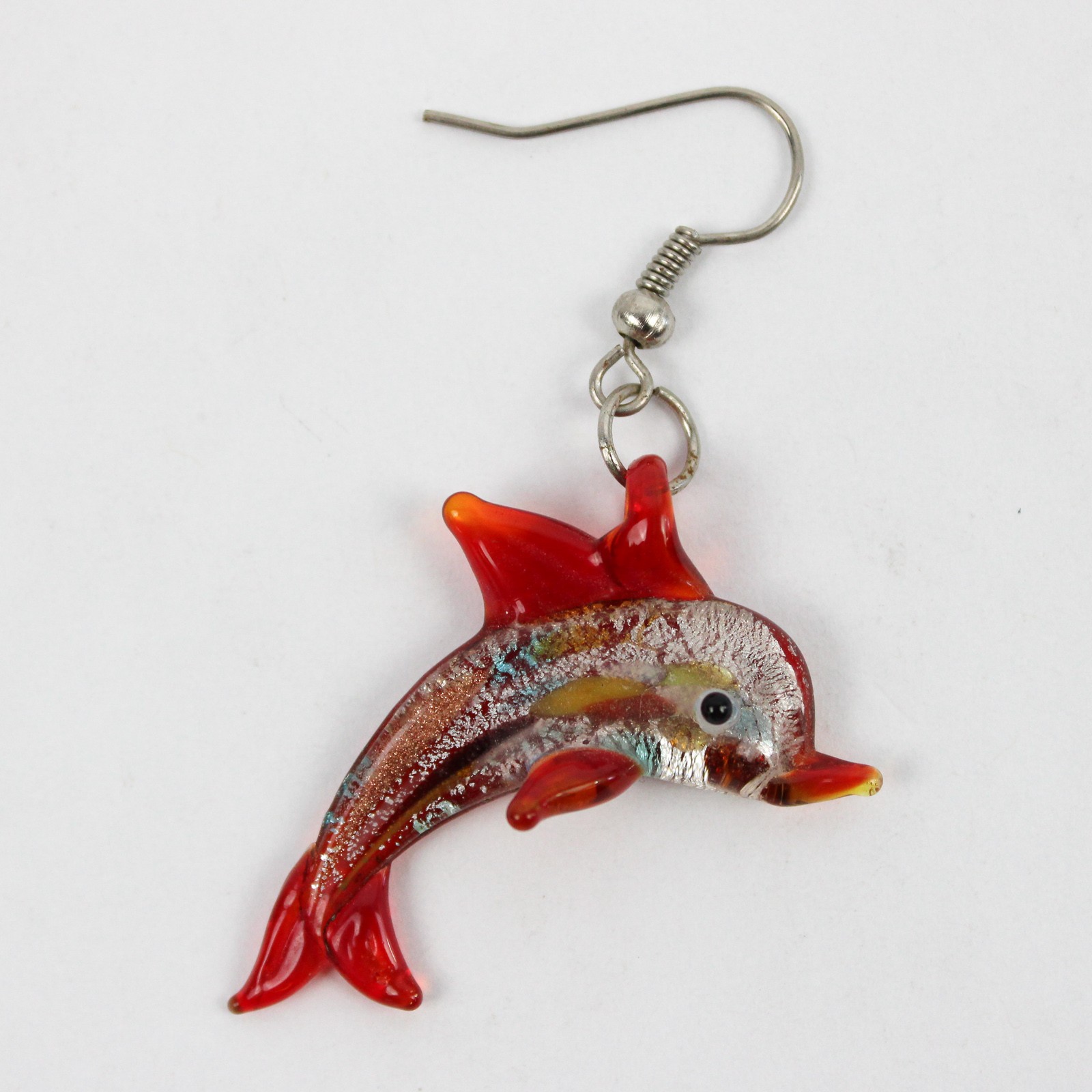 Handblown Glass Orange Dolphin Dangle Drop Earrings 1.5″
