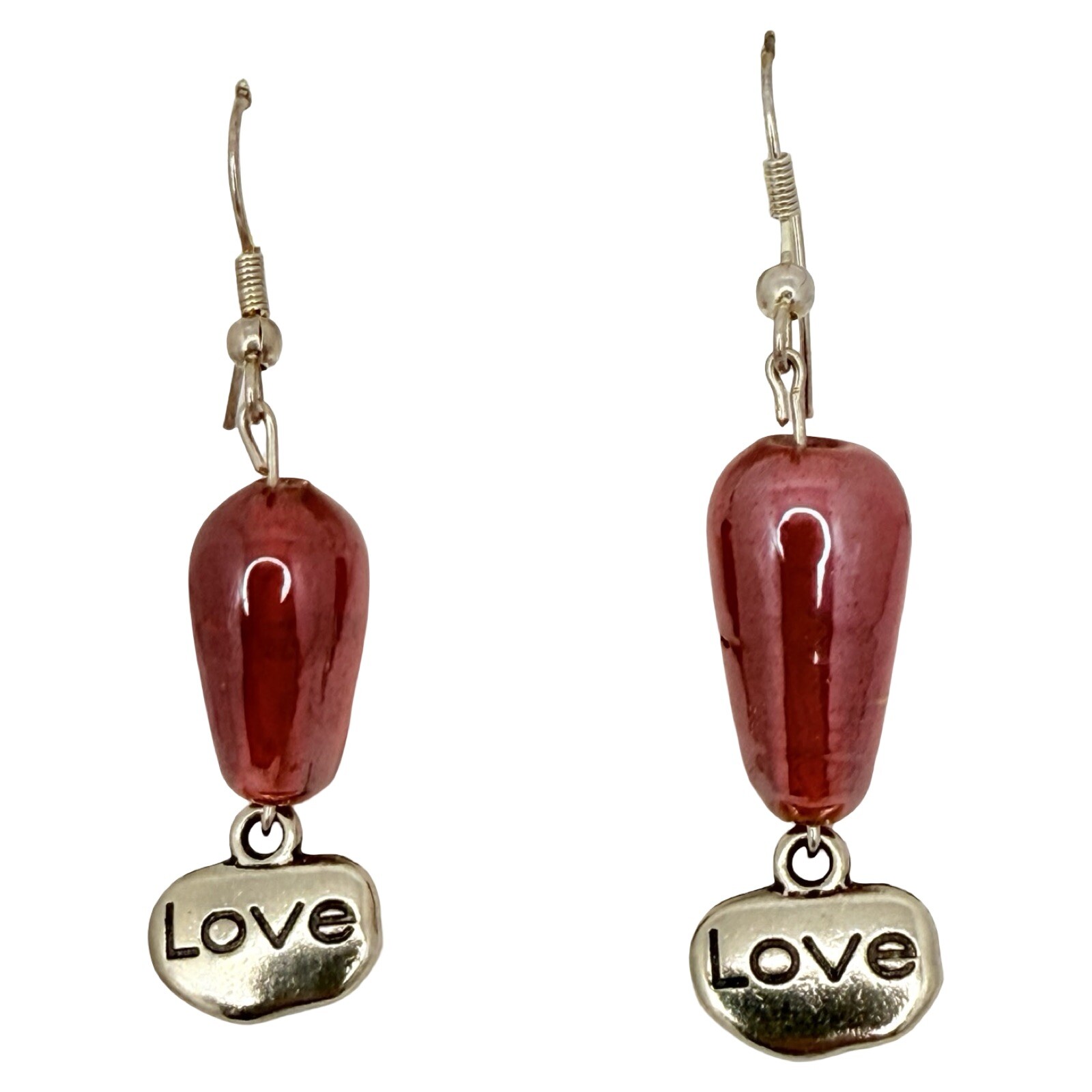 Red Earrings Art Glass Dangle 2” Beaded Love Charm Valentines Day