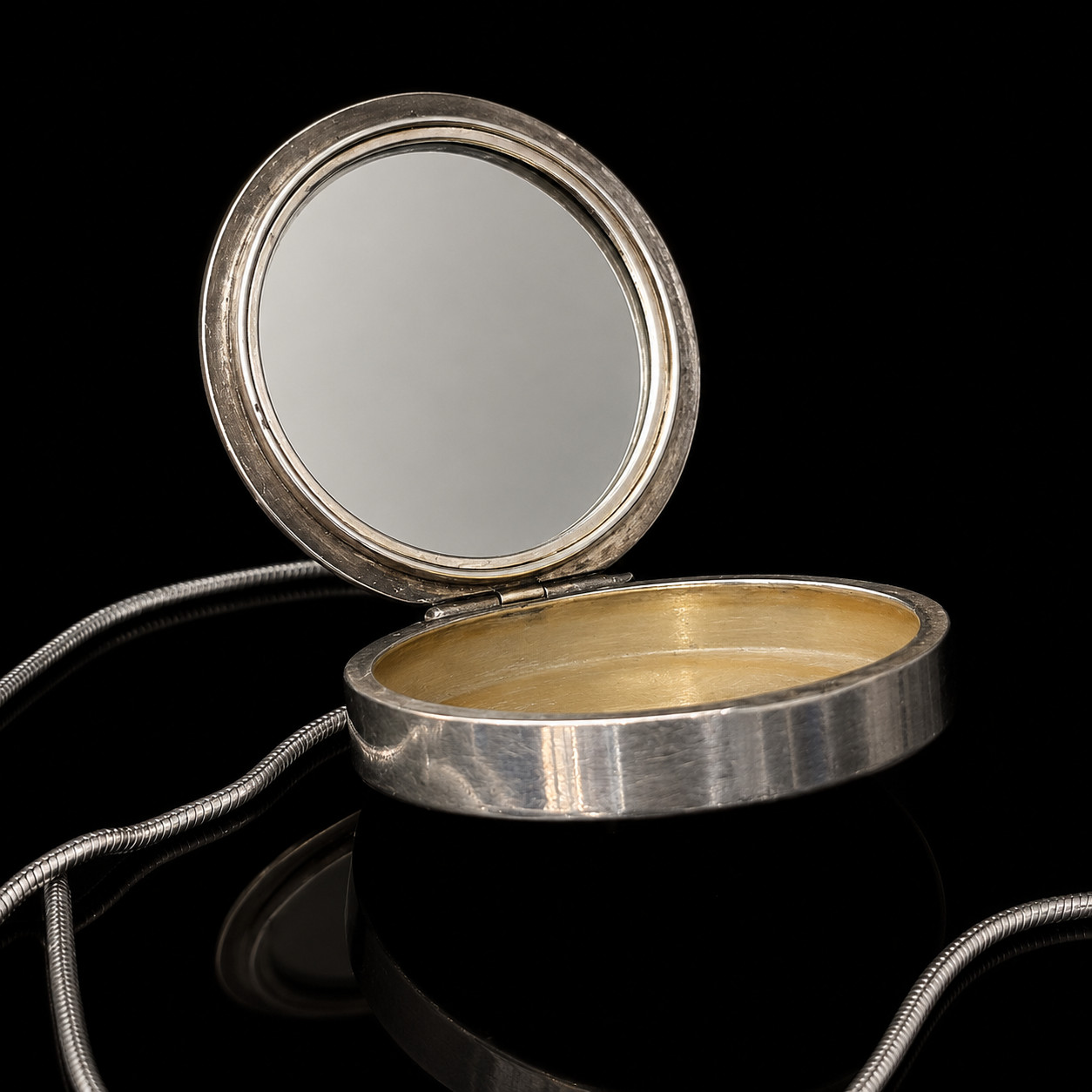 Vtg Elgin American Sterling Silver Chartreuse Enamel Compact Mirror Necklace 59g