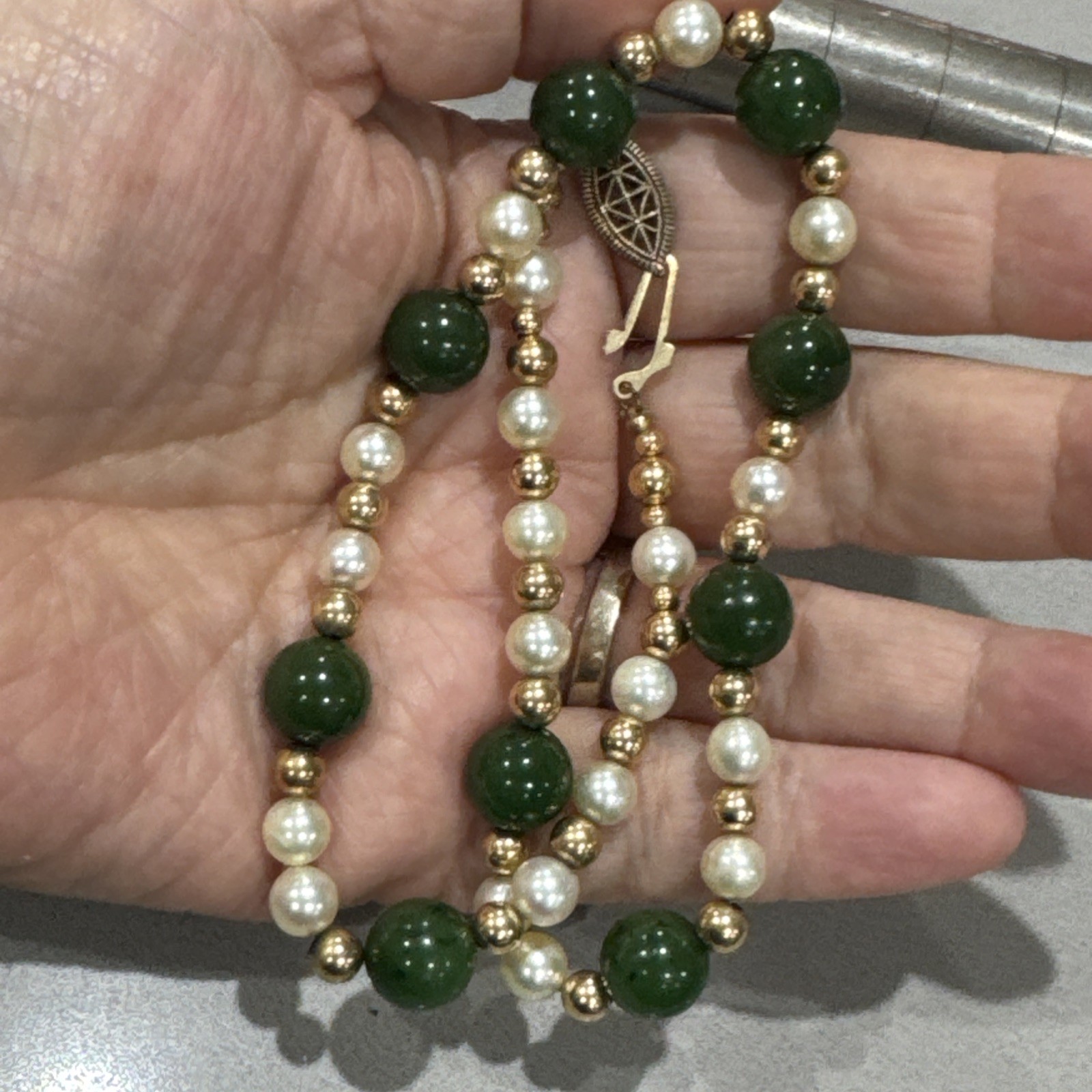 Vintage Green Jade Pearls GF Beads Sterling Filigree Gold Wash Clasp Necklace