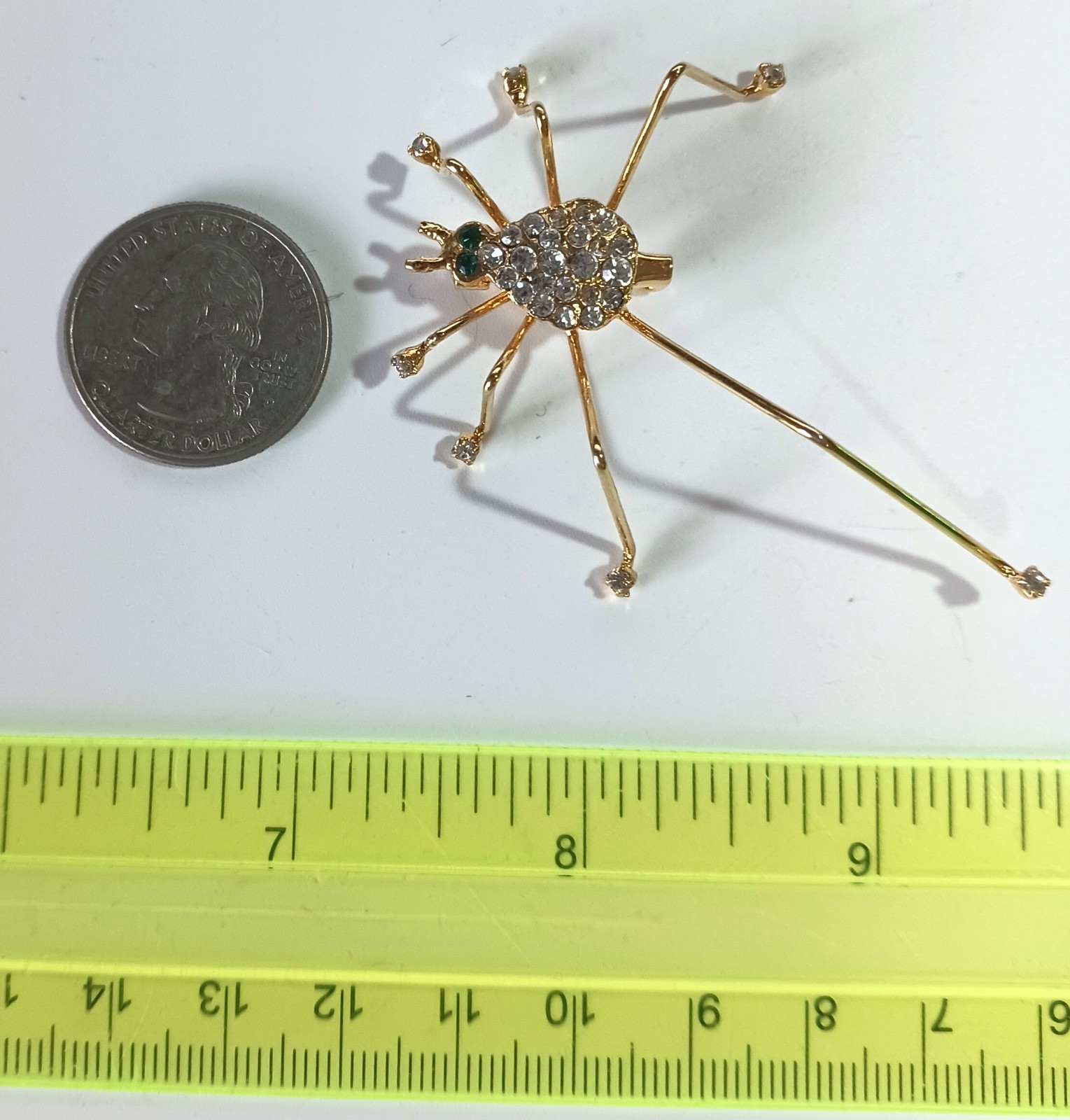 Vintage Bright Gold-tone Green & Pave White Rhinestone 3D Spider Brooch 2.25″