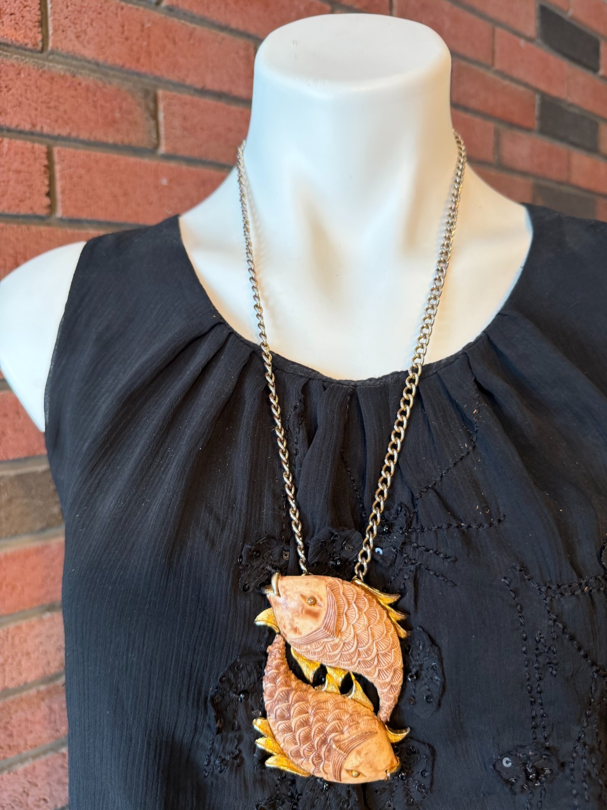 Vintage Razza Double Fish Necklace Carved Resin Faux Bone Gold Tone Large Pisces