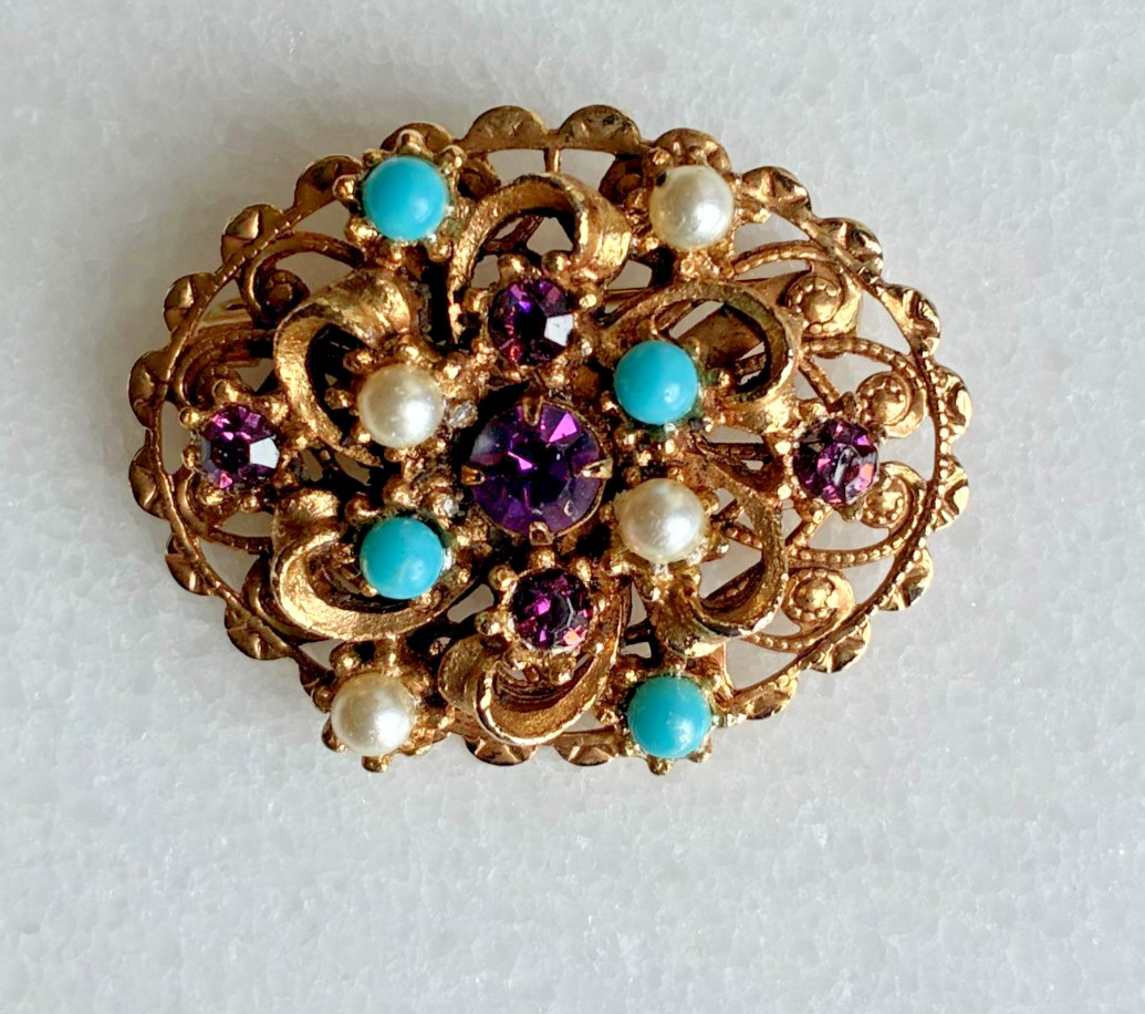 Vintage Filigree Brooch Purple Rhinestone Turquoise Faux Pearl 1 5/8″ Oval Pin