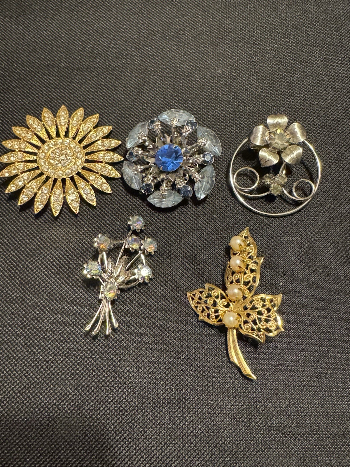 Lot Of Five (5) Rhinestone or Faux Pearl Brooches