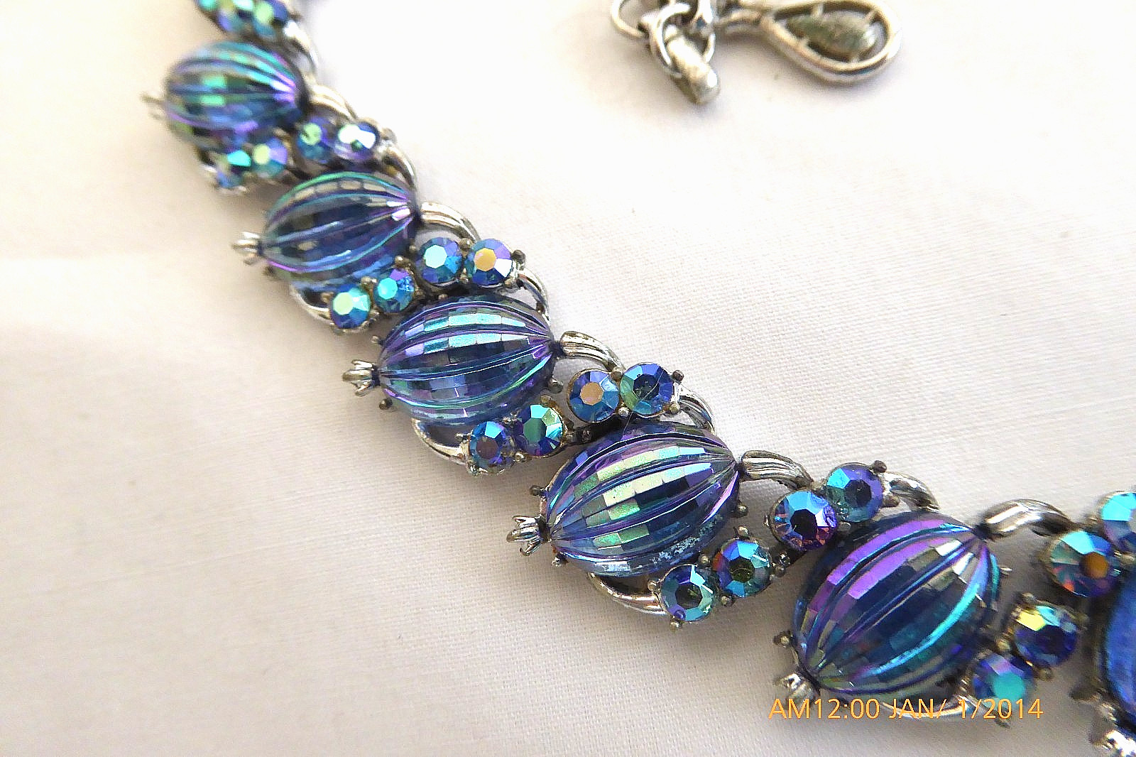 RARE VTG CORO BLUE RIBBED AB GLASS RHINESTONE NECKLACE BROOCH EARRINGS SET