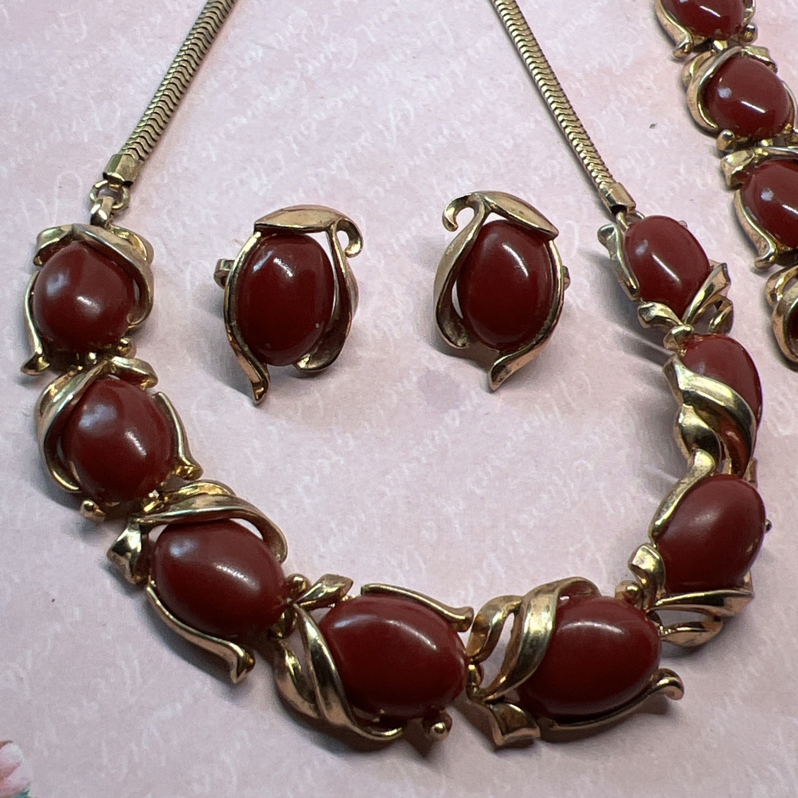 Vtg 50s Crown Trifari Caravan Red Cabochon Parure Set Bracelet Brooch Earrings