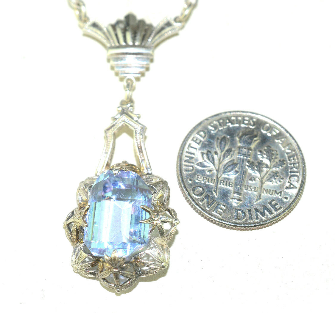 VINTAGE 15″ STERLING SILVER NECKLACE WITH LIGHT BLUE GLASS PENDANT & FANCY CHAIN