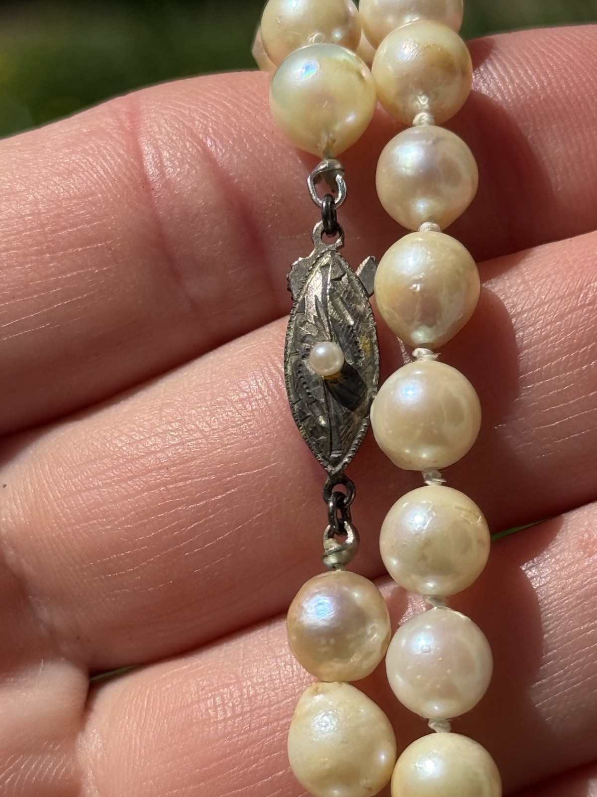 Vtg Art Deco Sterling Silver Pearl Clasp Baroque Akoya Hand Knotted Necklace 25”