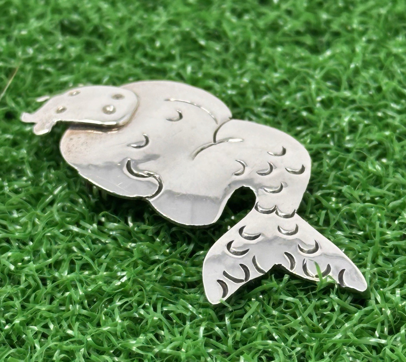 1990s Far Fetched Silver Cow Mermaid Brooch Pin Mexico Modernist Figural Jewelry