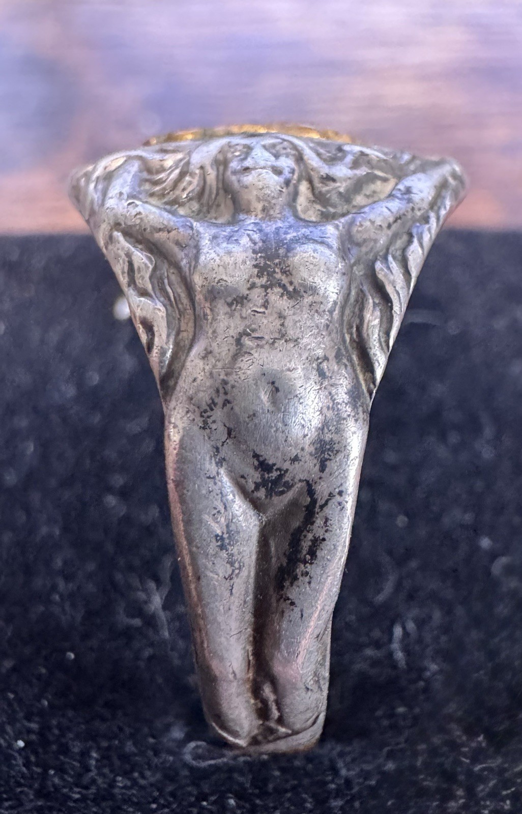 Vintage US Army Eagle & Art Nouveau Style Nude Woman Sterling Silver Signet Ring