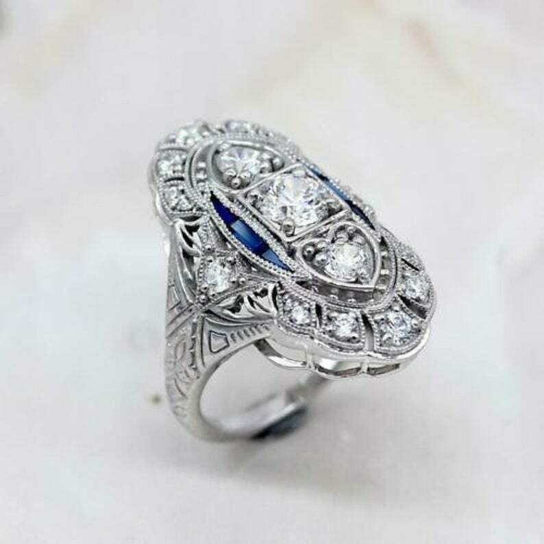 Art Deco Style Lab-Created Diamond & Sapphire Engagement Ring 14K White Gold FN