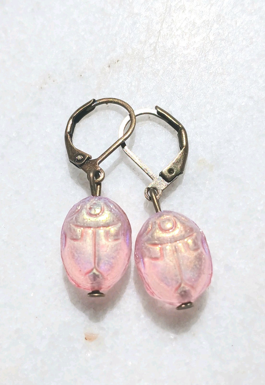 SALE! VINTAGE EGYPTIAN IRID PINK SCARAB PENDANT SCARAB BEAD GLASS NECKLACE SET