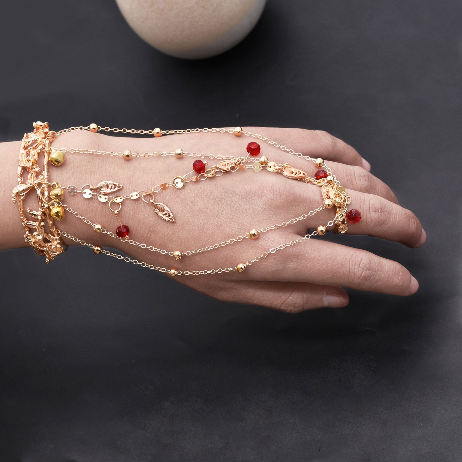 Gold Tone Vintage Cuff Bracelet with Ring Red Beads Chain Bell Gift for Women