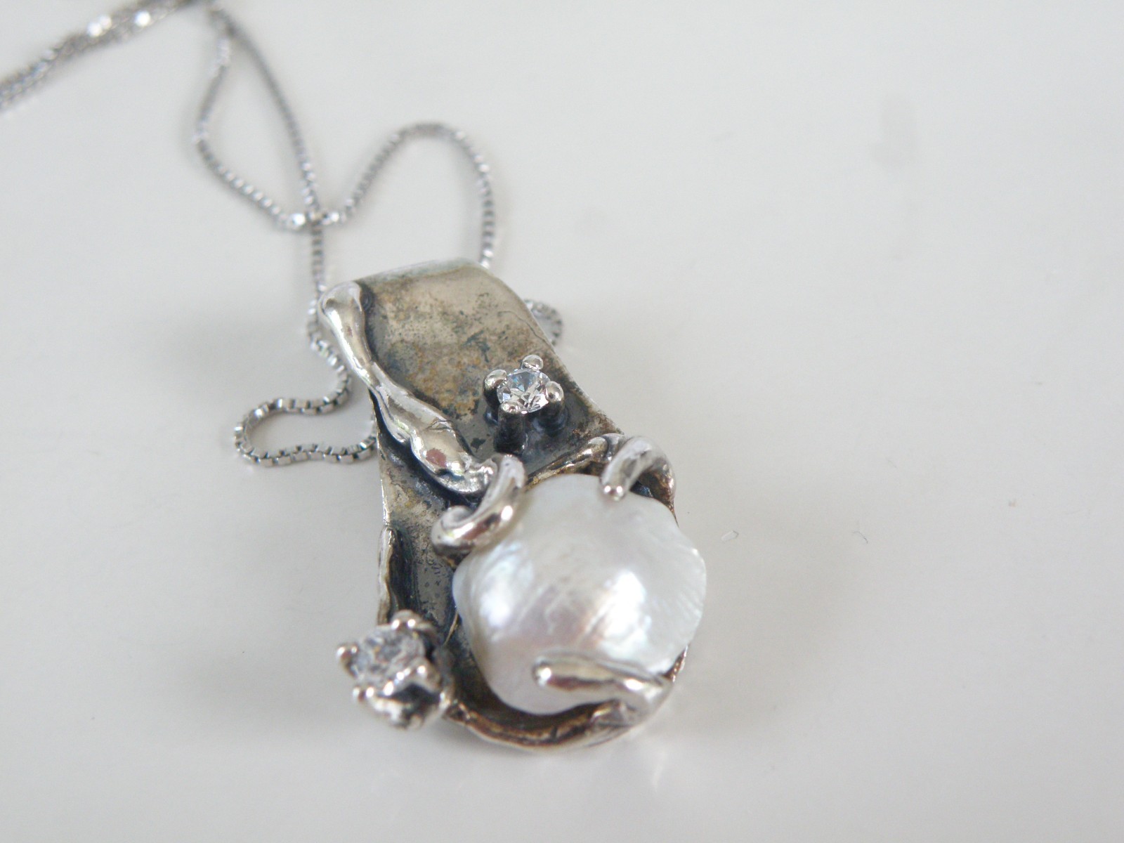 Brutalist Sterling Silver 925 Baroque Pearl Modernist Pendant Necklace