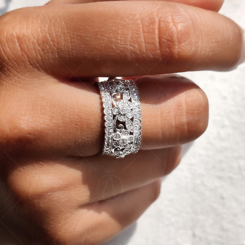 14K Gold Plated 925 Silver Moissanite Floral Band Engagement & Anniversary Ring