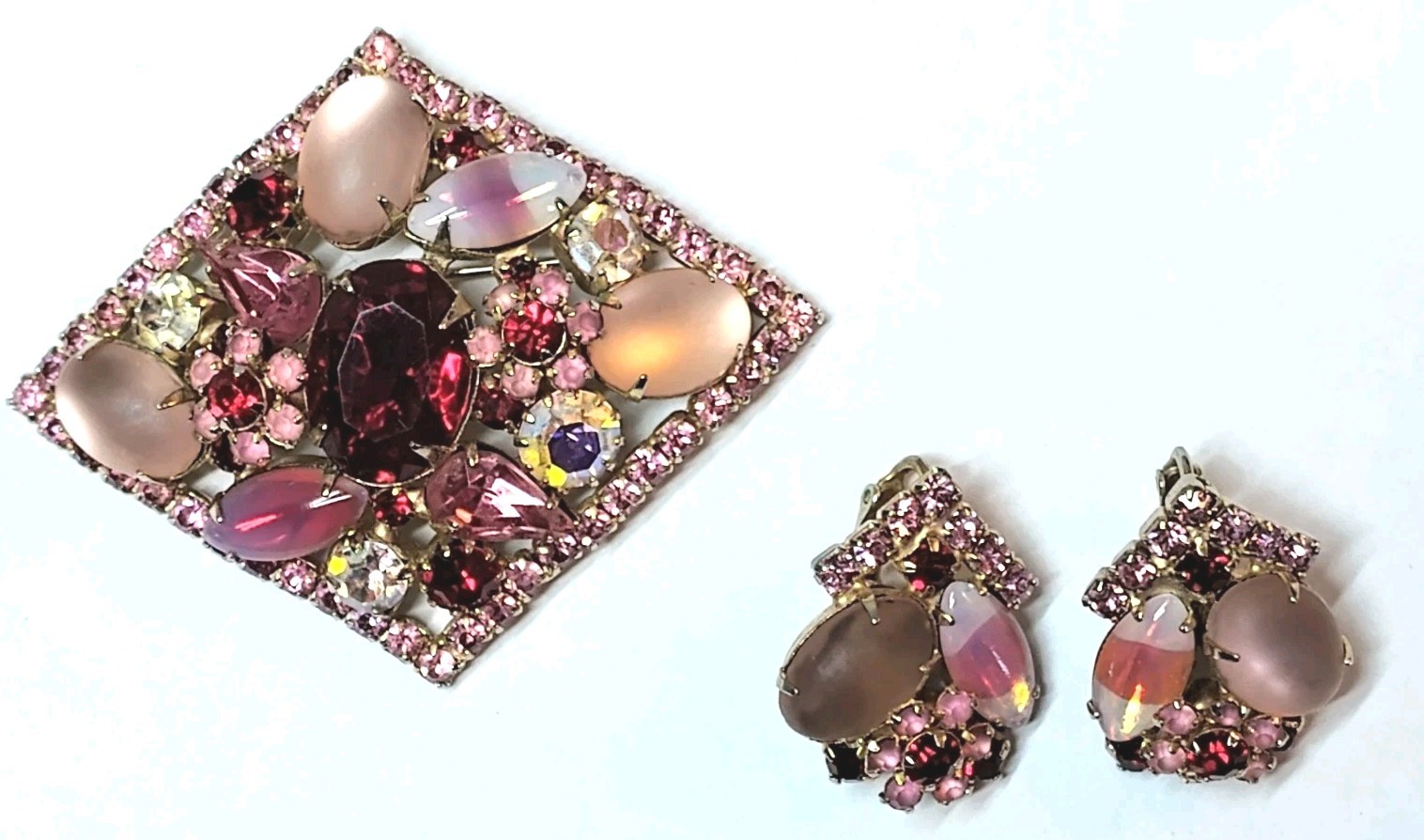 Vintage Stunning Givre Pink Red Clear AB Rhinestone Brooch Pin Clip Earrings