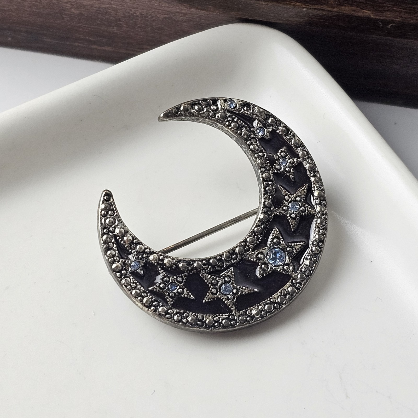 Vintage Silver Tone Rhinestone Enamel Crescent Moon & Star Brooch