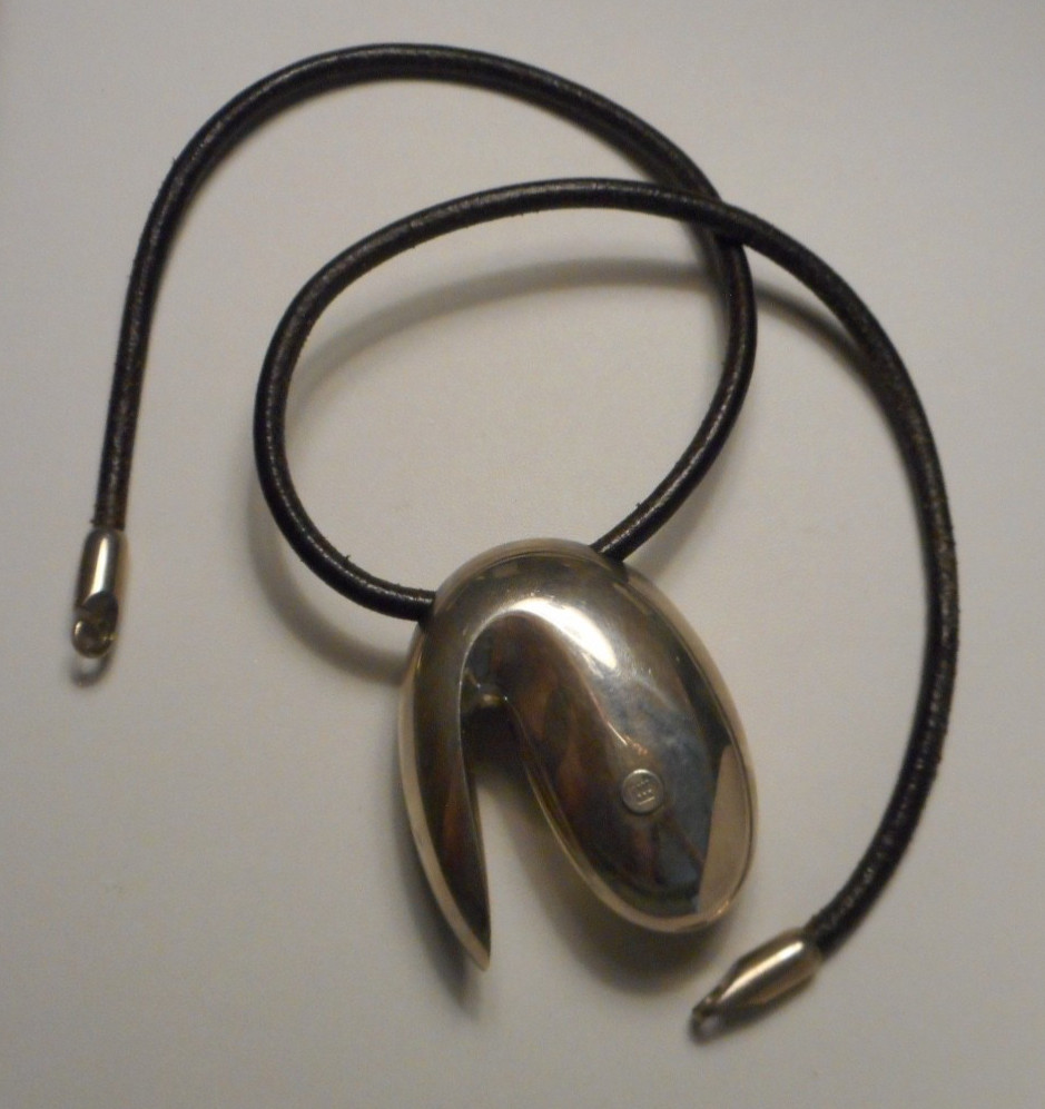 Large Modernist Sterling Organic Abstract Sculptural Pendant on Leather Cord 21″